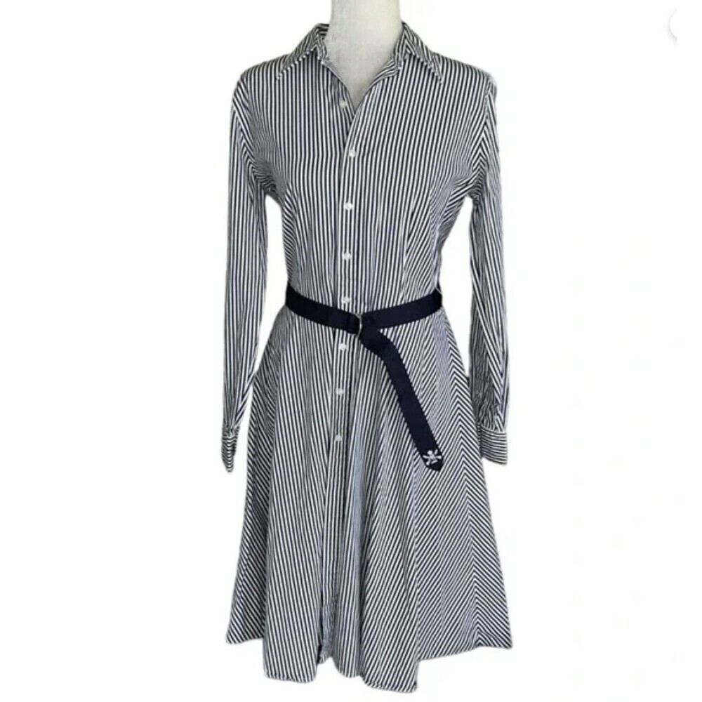 Ralph Lauren Navy White Striped Belted Flared Shirtdress Size 8 preppy academia
